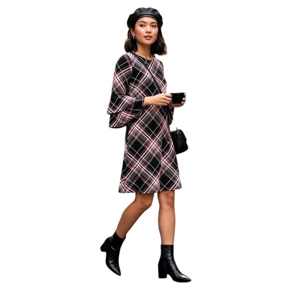 Leslie Fay Women Sz 4 Plaid Mod 70's Inspo Corp Chic Bell Sleeve Dress Phoebe‎
